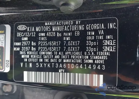 2013 Kia Sorento Lx z USA, uszkodzony, nr VIN 5XYKT3A61DG414943